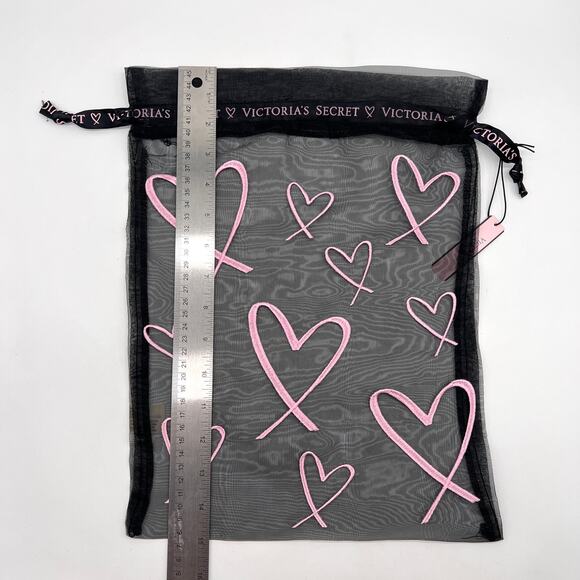 VICTORIAS SECRET Lingerie Sheer Black Pink Heart Drawstring Bag Pouch X2 NEW - Picture 6 of 9